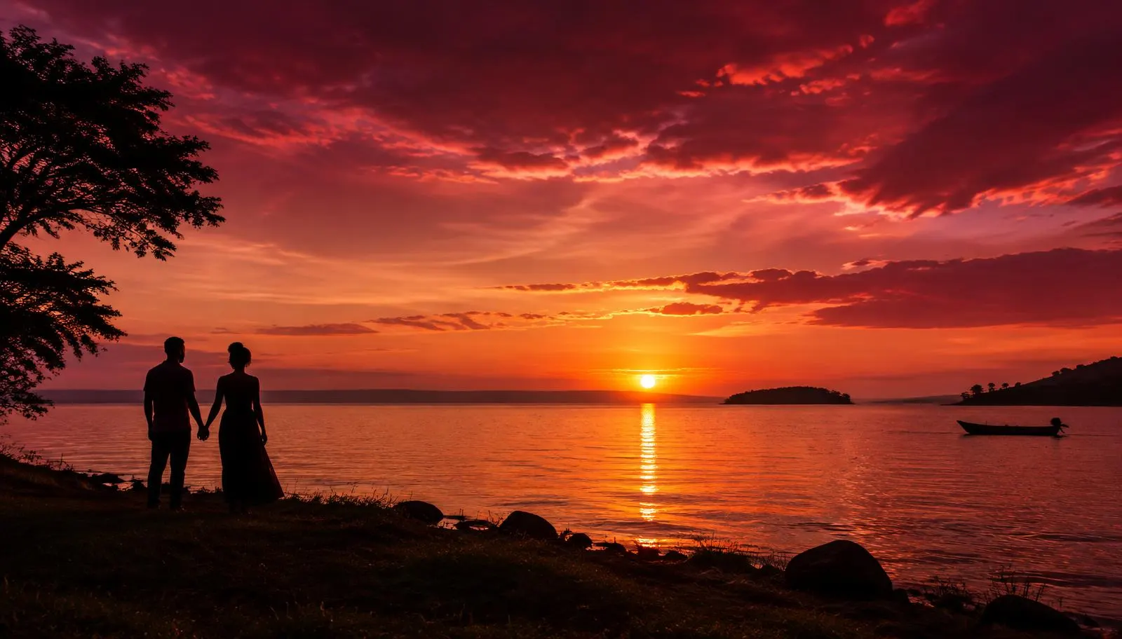 Couple holding hands at sunset by Lake Victoria (illustrative)